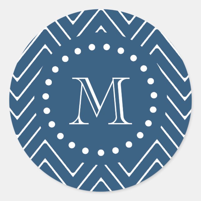 Navy Blue and White Chevron Pattern, Your Monogram Classic Round Sticker (Front)