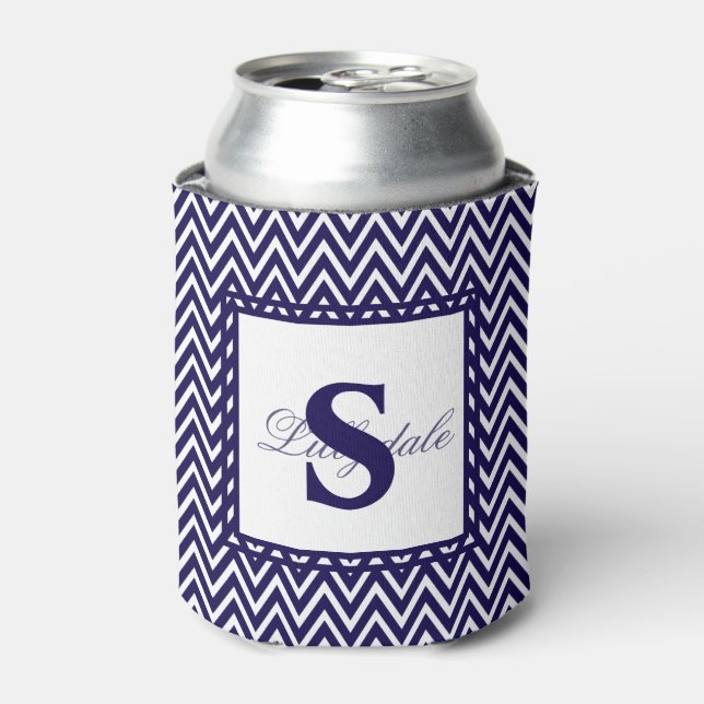 Navy Blue and White Chevron Stripe Can Cooler (Can Front)