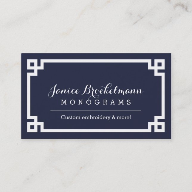 Navy Blue and White Chic Greek Key Border Business Card (Front)