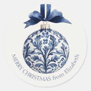 Navy Blue and White Chinoiserie Christmas Ornament Classic Round Sticker