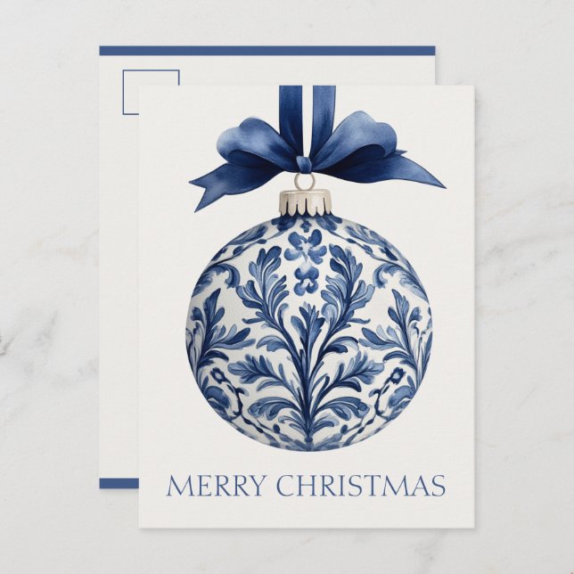 Navy Blue and White Chinoiserie Christmas Ornament Postcard (Front/Back)