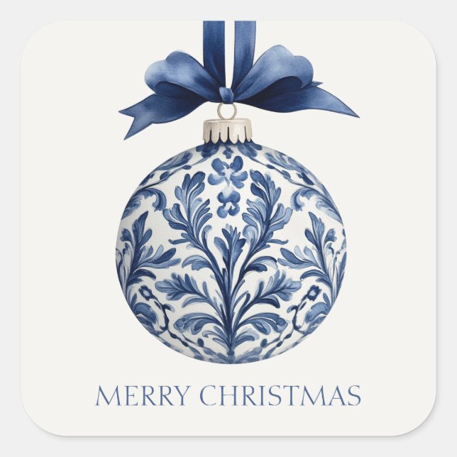Navy Blue and White Chinoiserie Christmas Ornament Square Sticker (Front)