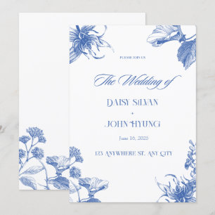 Navy Blue and White Chinoiserie Wedding Invitation