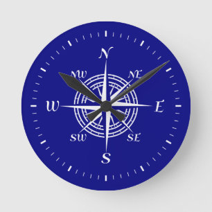Navy Blue And White Coastal Decor Compass Rose Round Clock