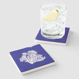 Navy Blue And White Coastal Decor Coral Stone Coaster