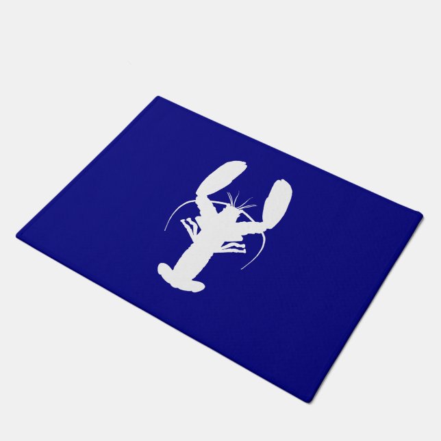 Navy Blue And White Coastal Decor Lobster Doormat (Angled)