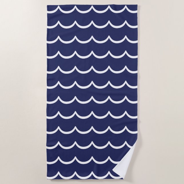 Navy Blue and White Coastal Wave Pattern Beach Towel (Front)
