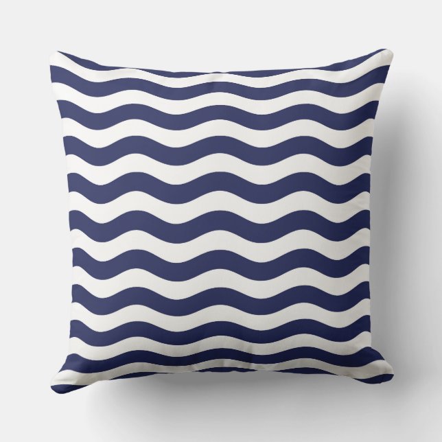 Navy Blue and White Coastal Wave Pattern Cushion (Back)