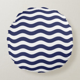 Navy Blue and White Coastal Wave Pattern Round Cushion