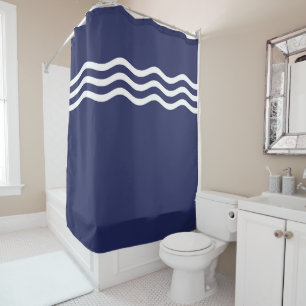 Navy Blue and White Coastal Wave Pattern Shower Curtain