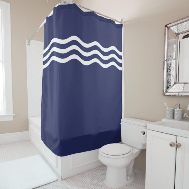 Navy Blue and White Coastal Wave Pattern Shower Curtain (In Situ)