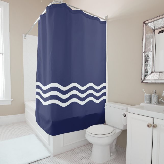 Navy Blue and White Coastal Wave Pattern Shower Curtain (In Situ)