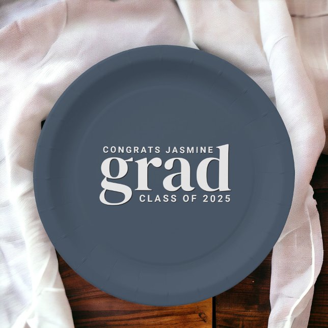 Navy Blue and White Congrats Grad with Class Year  Paper Plate (Creator Uploaded)