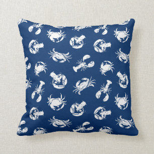Navy Blue and White Crab and Lobster Patterned Cushion
