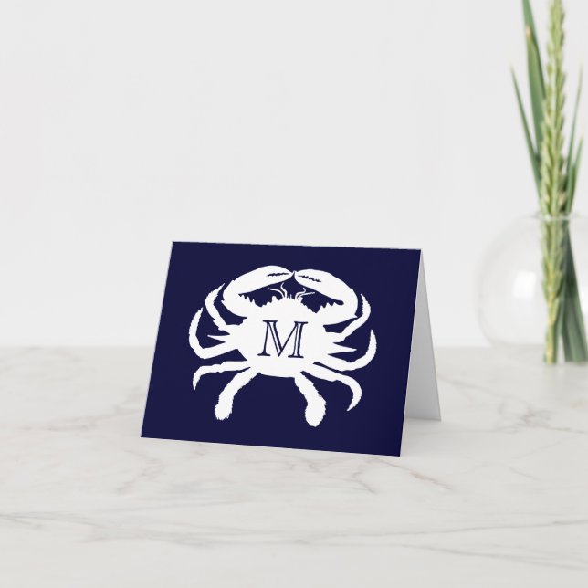 Navy Blue and White Crab Monogram Thank You Card (Front)