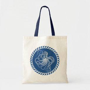 Navy Blue And White Cute Octopus Illustration Tote