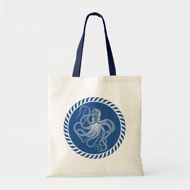 Navy Blue And White Cute Octopus Illustration Tote (Front)
