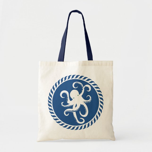 Navy Blue And White Cute Octopus Illustration Tote Bag (Front)