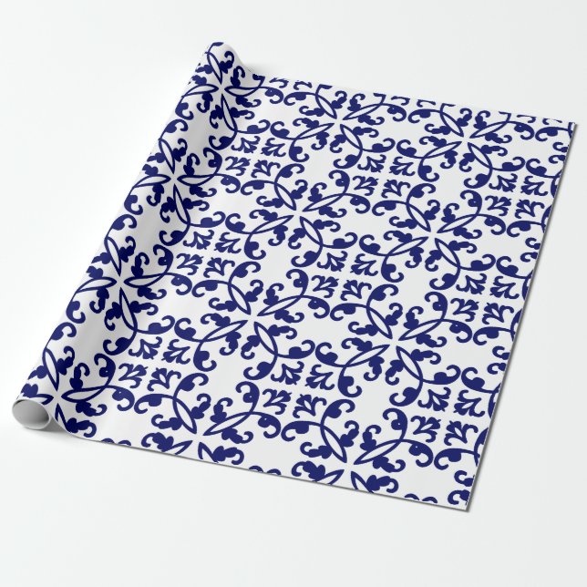 Navy Blue and White Damask Pattern Wrapping Paper (Unrolled)