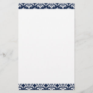 Navy Blue and White Damask Plain Stationery