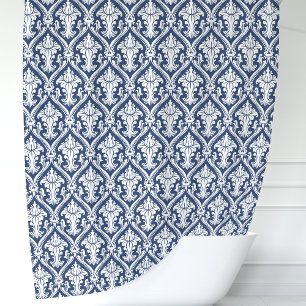 Navy Blue and White Damask Shower Curtain
