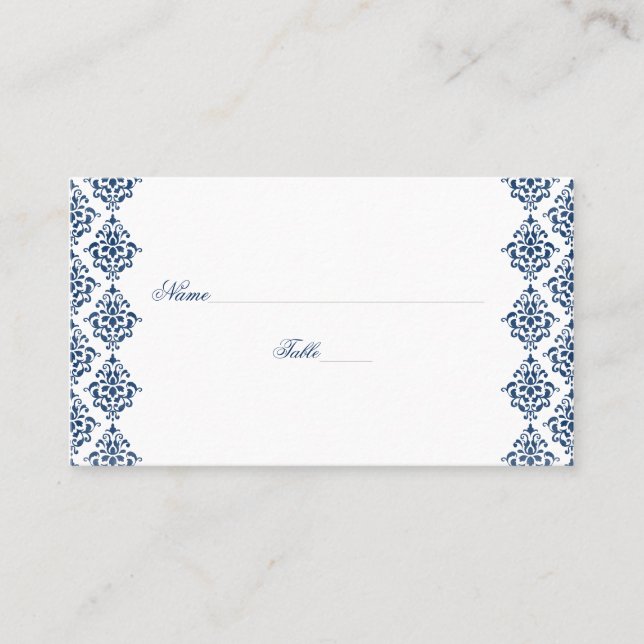 Navy Blue and White Damask Wedding Place Cards (Front)