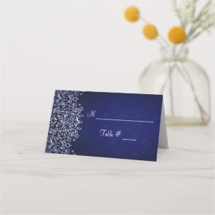 Navy Blue and White Damask Winter Wedding Place Card