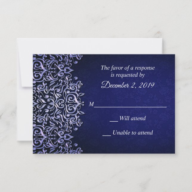Navy Blue and White Damask | Winter Wedding RSVP Card (Front)
