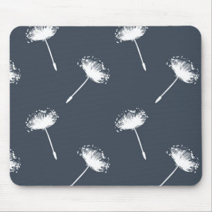 Navy Blue and White Dandelion Flowers Mouse Mat
