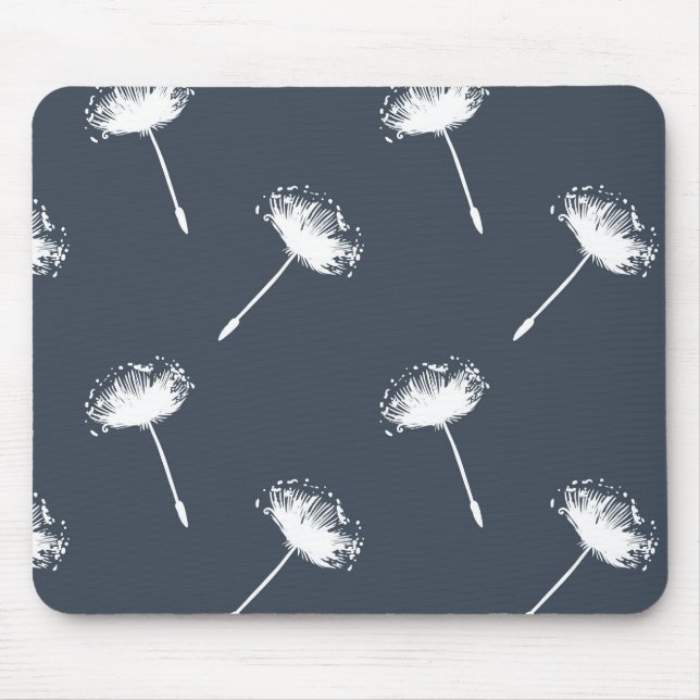 Navy Blue and White Dandelion Flowers Mouse Mat (Front)