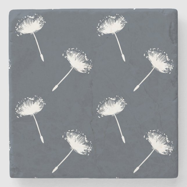 Navy Blue and White Dandelion Flowers Stone Coaster (Front)