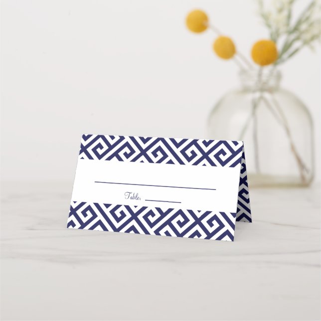 Navy Blue and White Diagonal Greek Key Pattern Place Card (Front)