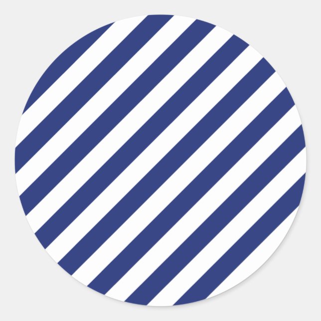 Navy Blue and White Diagonal Stripes Pattern Classic Round Sticker (Front)