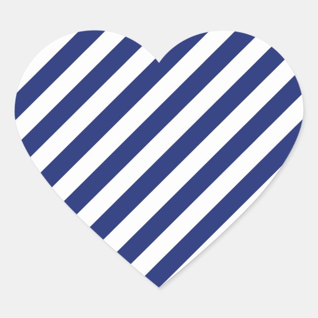 Navy Blue and White Diagonal Stripes Pattern Heart Sticker (Front)