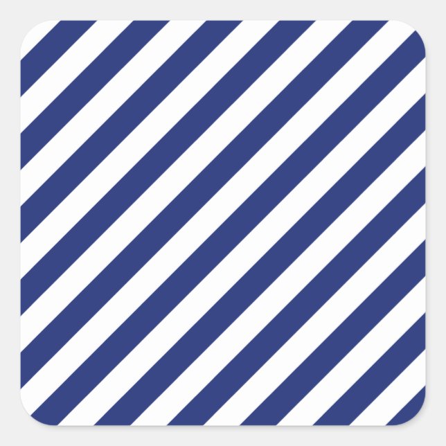 Navy Blue and White Diagonal Stripes Pattern Square Sticker (Front)