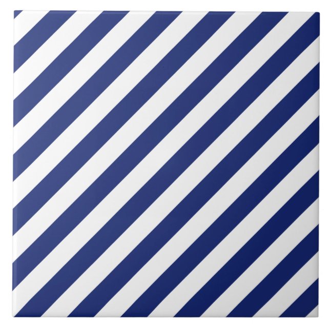 Navy Blue and White Diagonal Stripes Pattern Tile (Front)