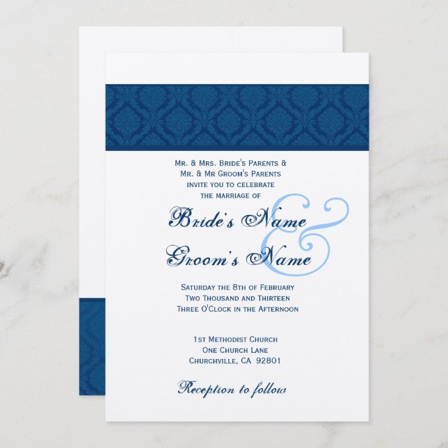 Navy Blue and White Diamond Damask Wedding Invitation (Front/Back)
