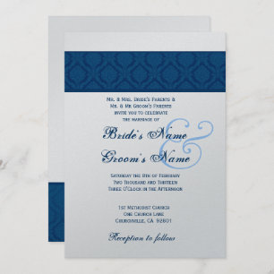 Navy Blue and White Diamond Damask Wedding Invitation
