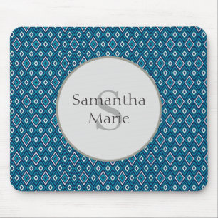 Navy Blue and White Diamond Monogram Mousepad