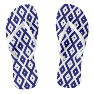 Navy blue and white diamond pattern flip flops