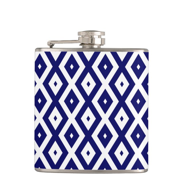 Navy blue and white diamond pattern hip flask (Front)