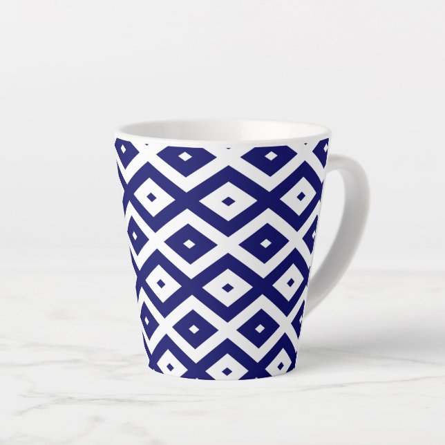 Navy blue and white diamond pattern latte mug (Right Angle)