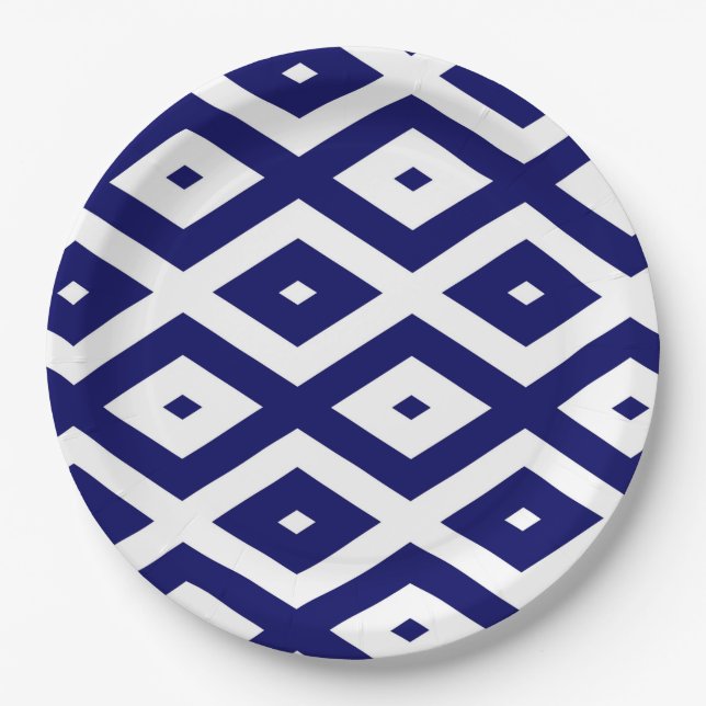 Navy blue and white diamond pattern paper plate (Front)