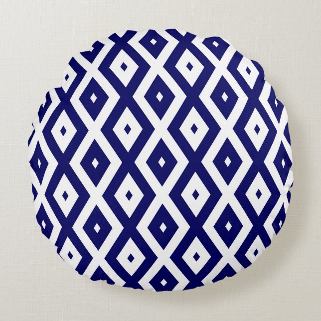 Navy blue and white diamond pattern round cushion (Front)