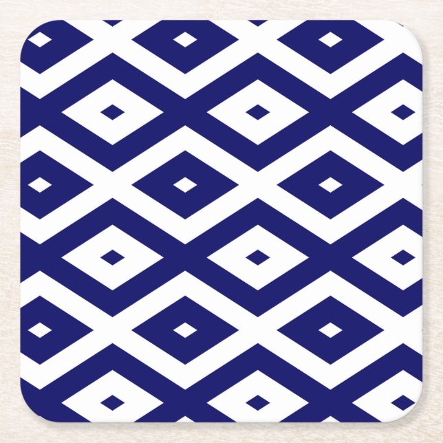 Navy blue and white diamond pattern square paper coaster (Front)