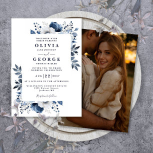 Navy Blue And White Elegant Floral Photo Wedding Invitation