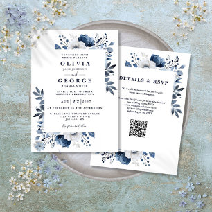 Navy Blue and White Elegant Floral QR Code Wedding Invitation