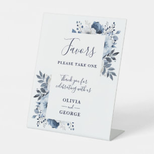 Navy Blue And White Elegant Floral Wedding Favours Pedestal Sign