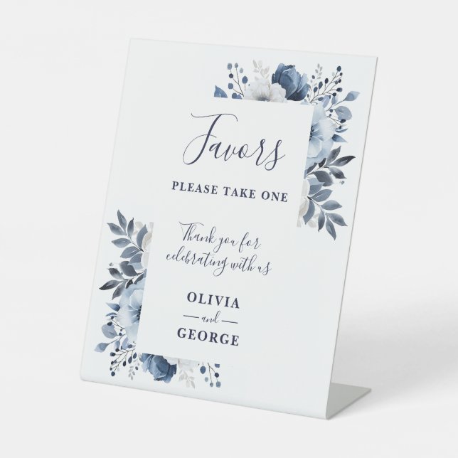 Navy Blue And White Elegant Floral Wedding Favours Pedestal Sign (Front)