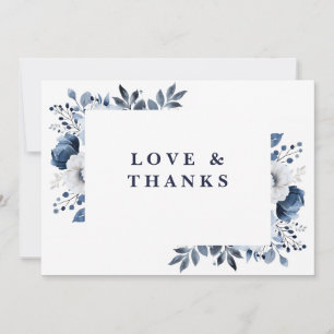 Navy Blue and White Elegant Floral Wedding Photo Thank You Card